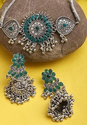 Green Silver Plated Alloy Choker Set