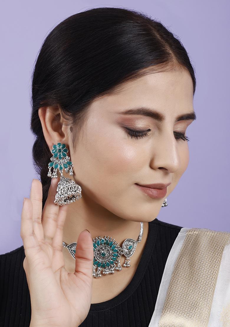 Green Silver Plated Alloy Choker Set