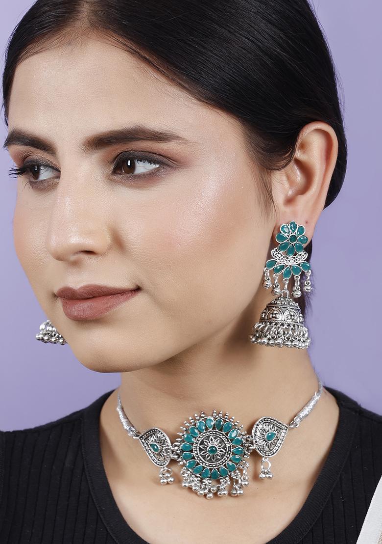 Green Silver Plated Alloy Choker Set