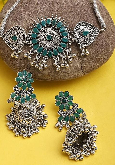 Green Silver Plated Alloy Choker Set