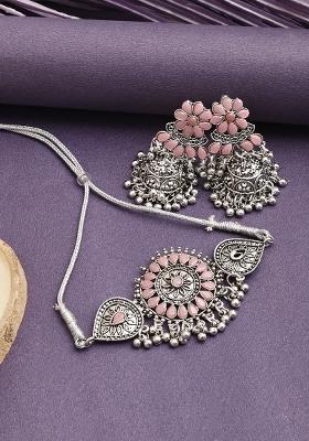Pink Silver Plated Alloy Choker Set