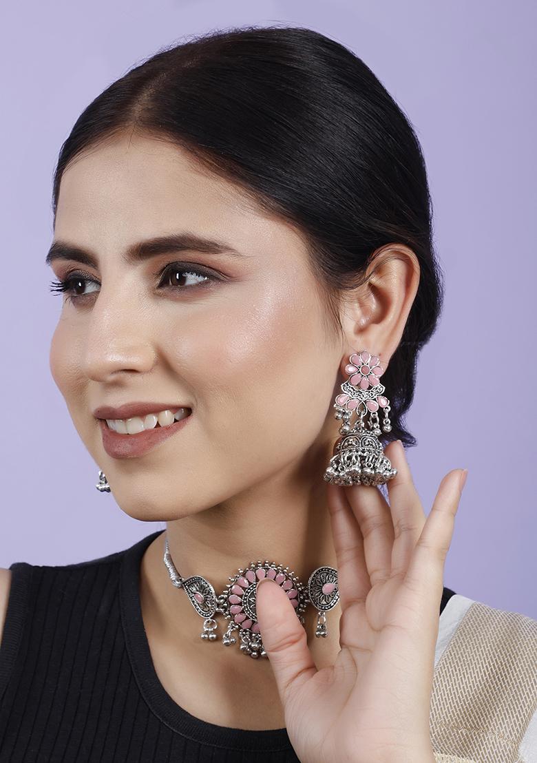 Pink Silver Plated Alloy Choker Set