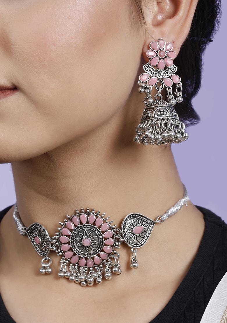 Pink Silver Plated Alloy Choker Set