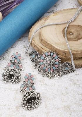 Pink And Blue Silver Plated Alloy Choker Set