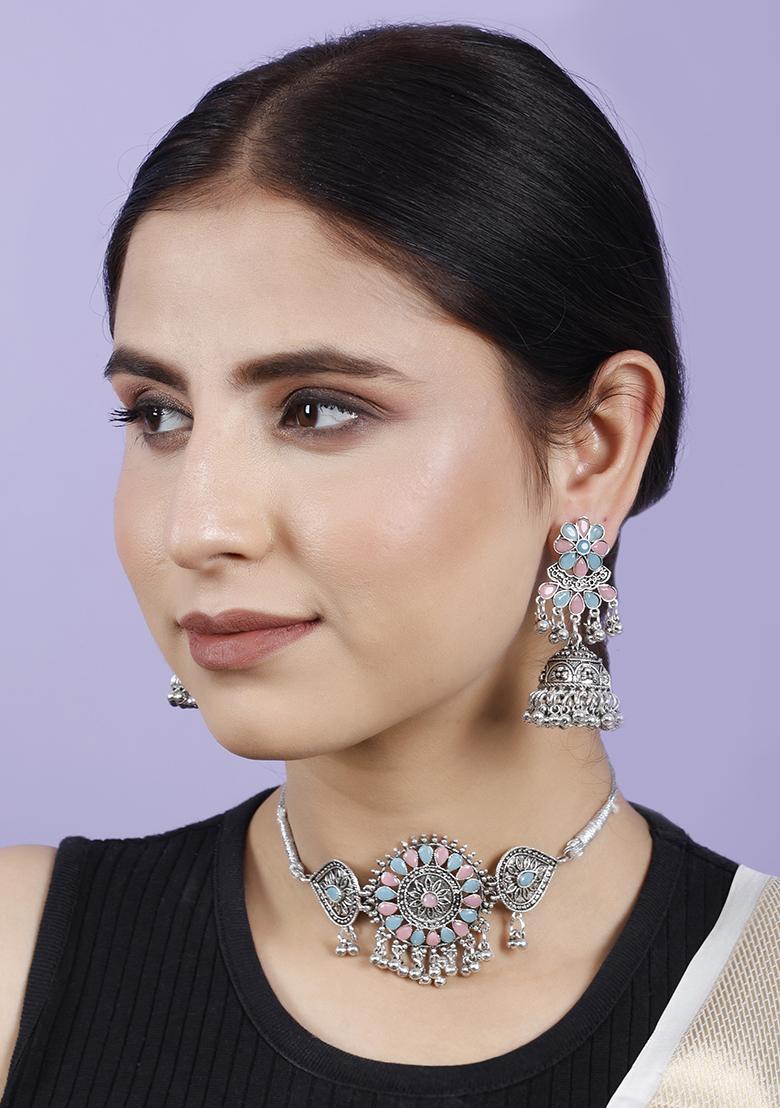 Pink And Blue Silver Plated Alloy Choker Set