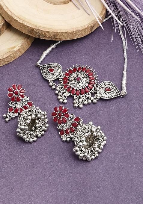 Maroon Silver Plated Alloy Choker Set