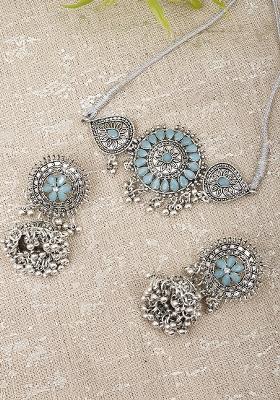 Blue Silver Plated Alloy Choker Set