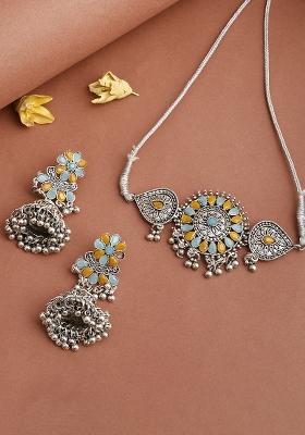 Blue And Yellow Silver Plated Alloy Choker Set