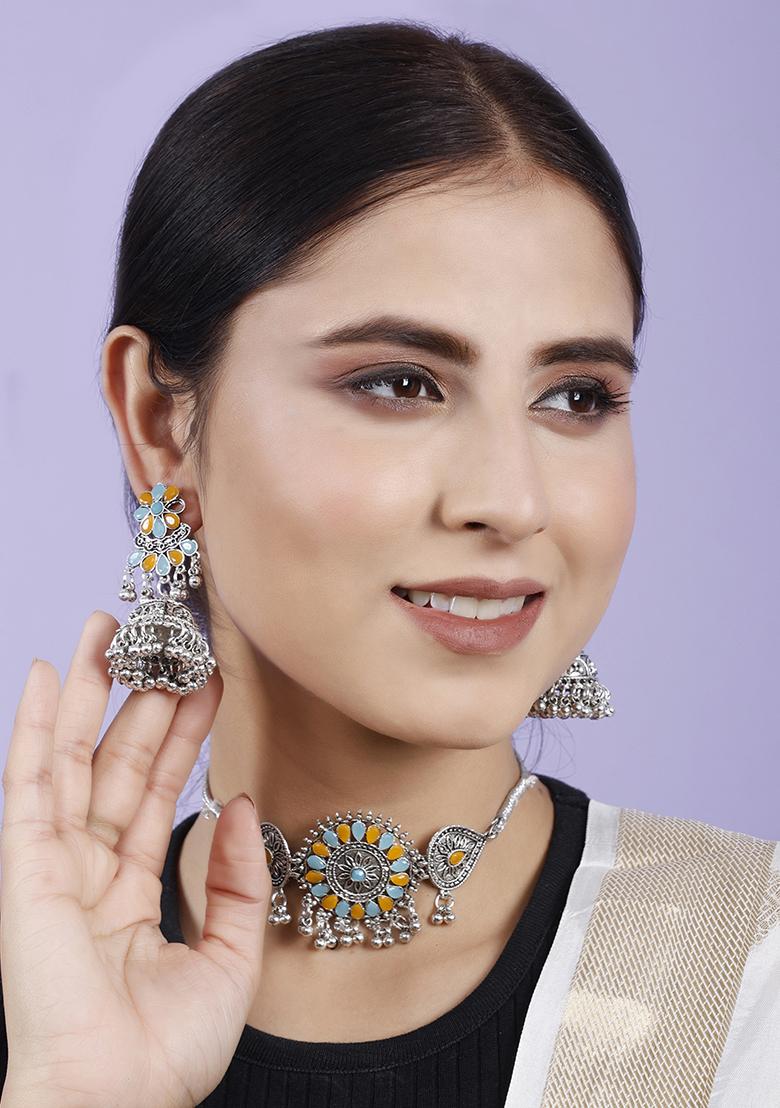 Blue And Yellow Silver Plated Alloy Choker Set