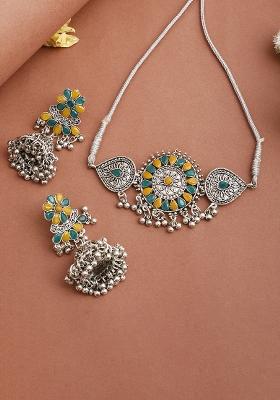 Yellow And Green Silver Plated Alloy Choker Set