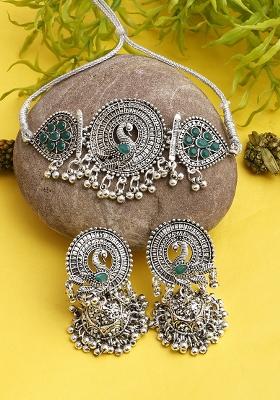Green Silver Plated Alloy Choker Set