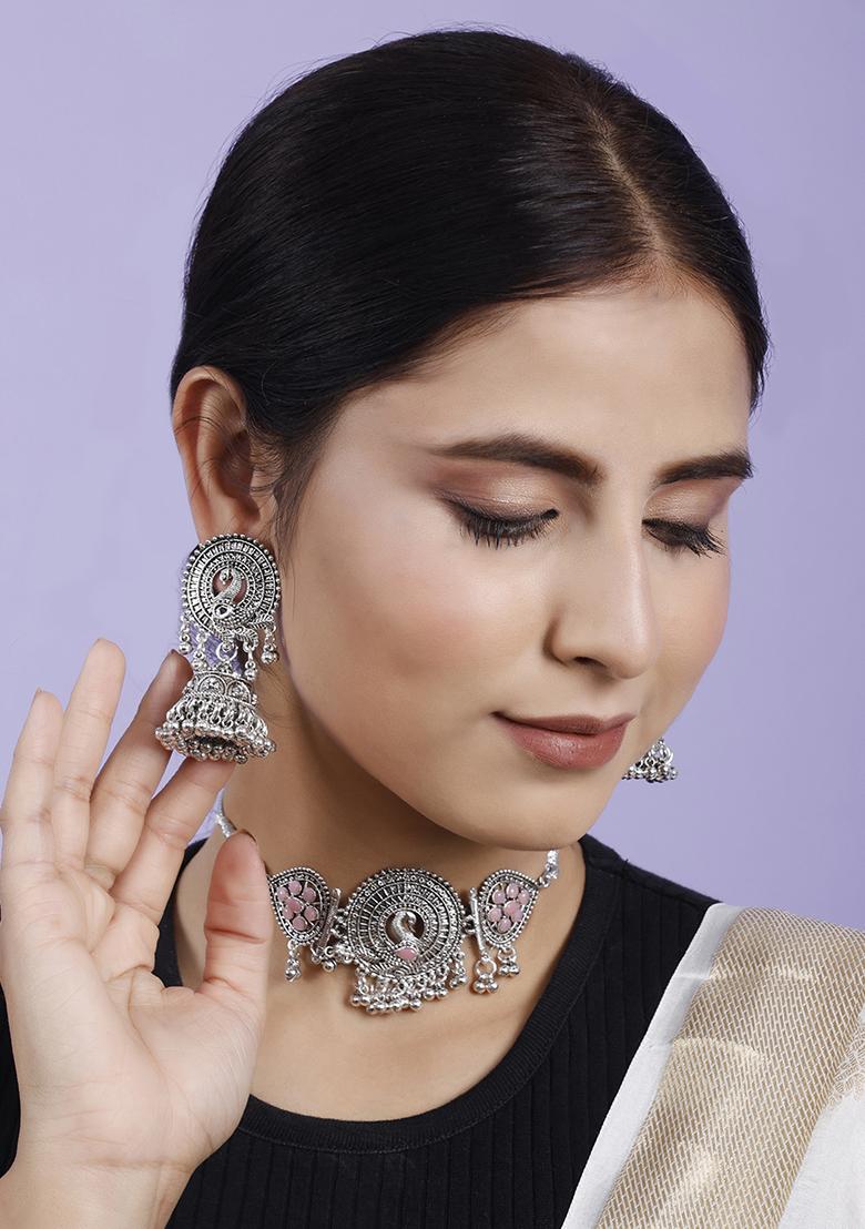 Pink Silver Plated Alloy Choker Set