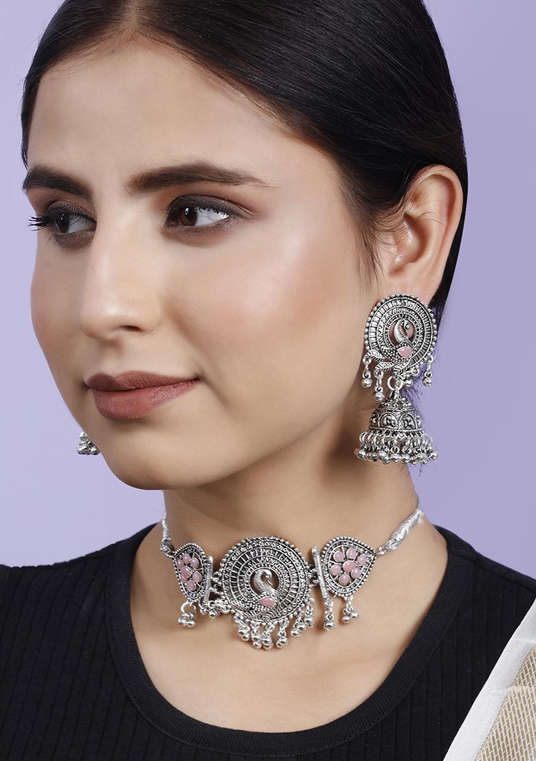 Pink Silver Plated Alloy Choker Set