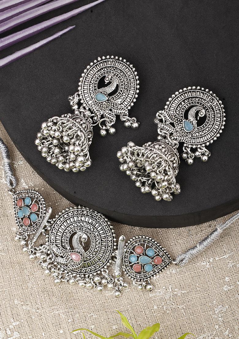 Blue And Pink Silver Plated Alloy Choker Set