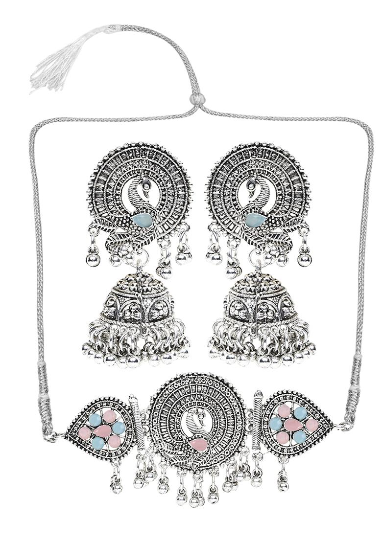 Blue And Pink Silver Plated Alloy Choker Set