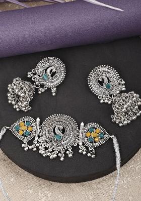 Yellow And Green Silver Plated Alloy Choker Set