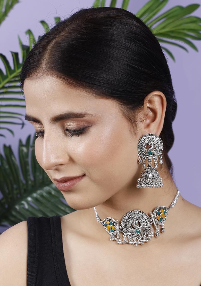 Yellow And Green Silver Plated Alloy Choker Set