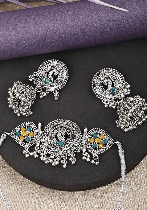 Yellow And Green Silver Plated Alloy Choker Set