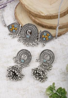 Yellow And Blue Silver Plated Alloy Choker Set