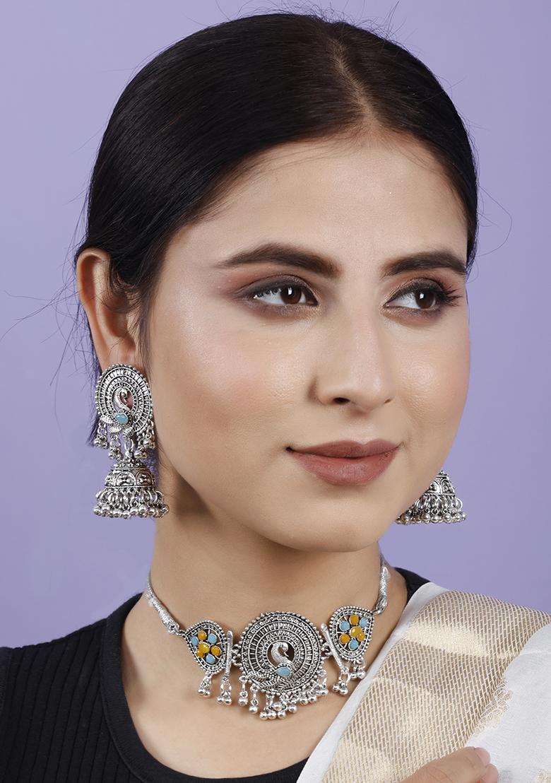 Yellow And Blue Silver Plated Alloy Choker Set