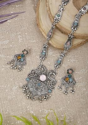 Pink And Blue Silver Plated Alloy Necklace Set