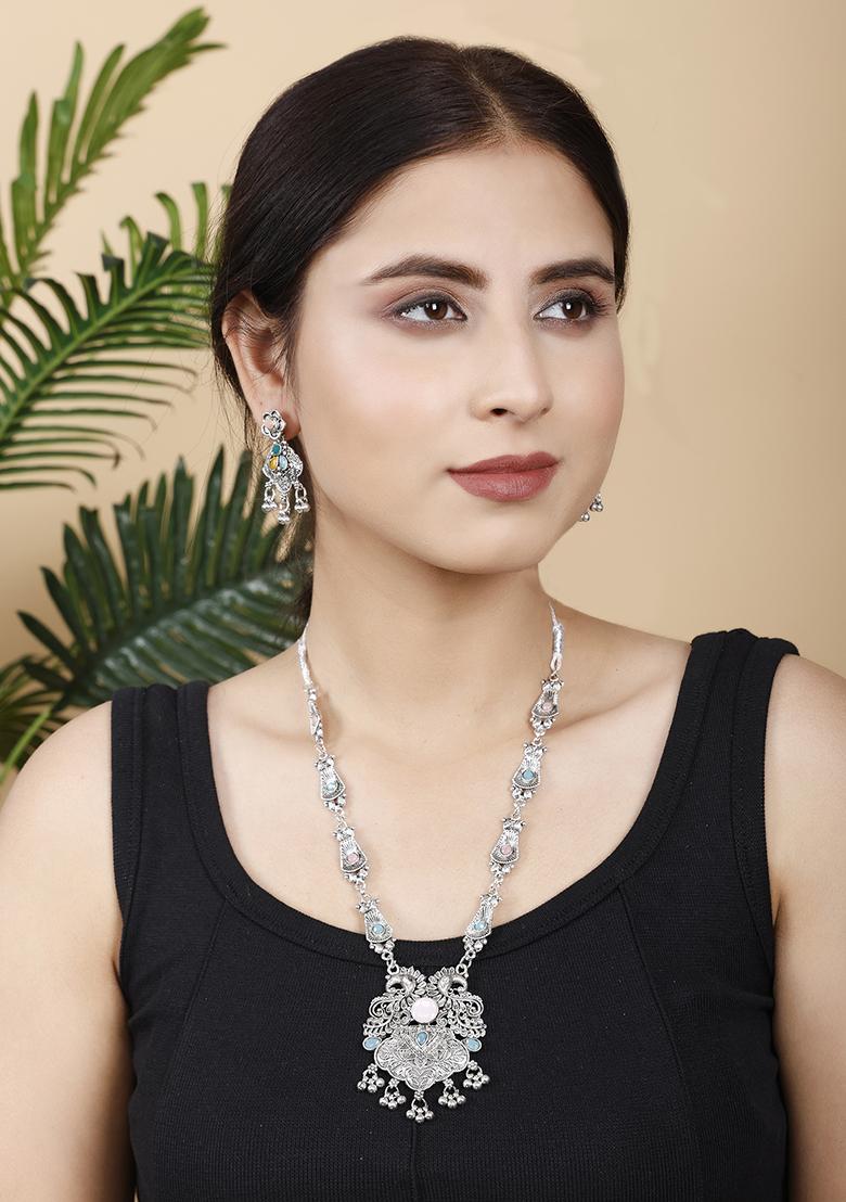 Pink And Blue Silver Plated Alloy Necklace Set
