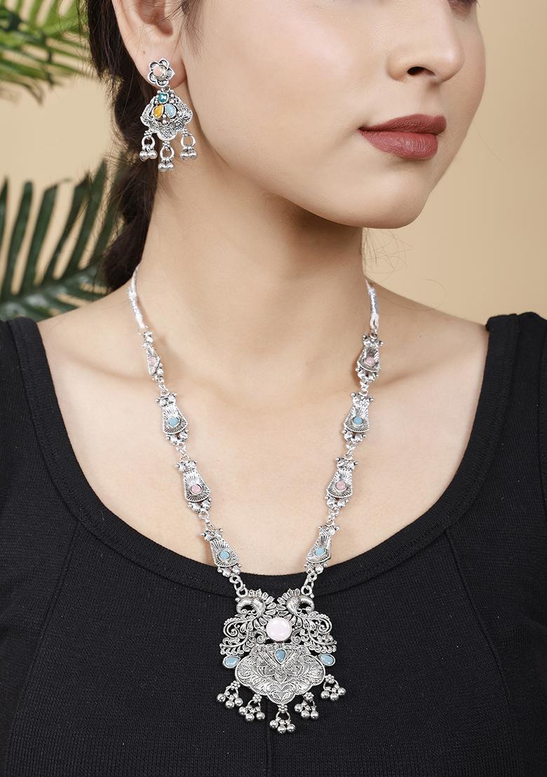 Pink And Blue Silver Plated Alloy Necklace Set
