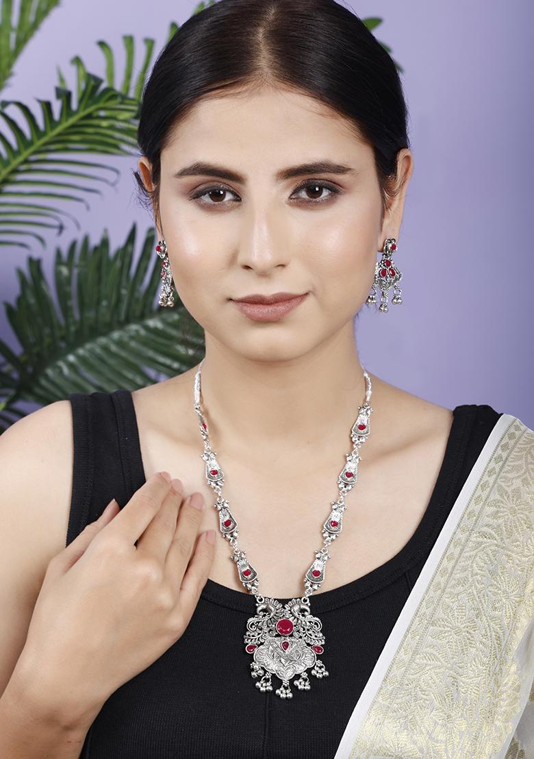 Maroon Silver Plated Alloy Necklace Set