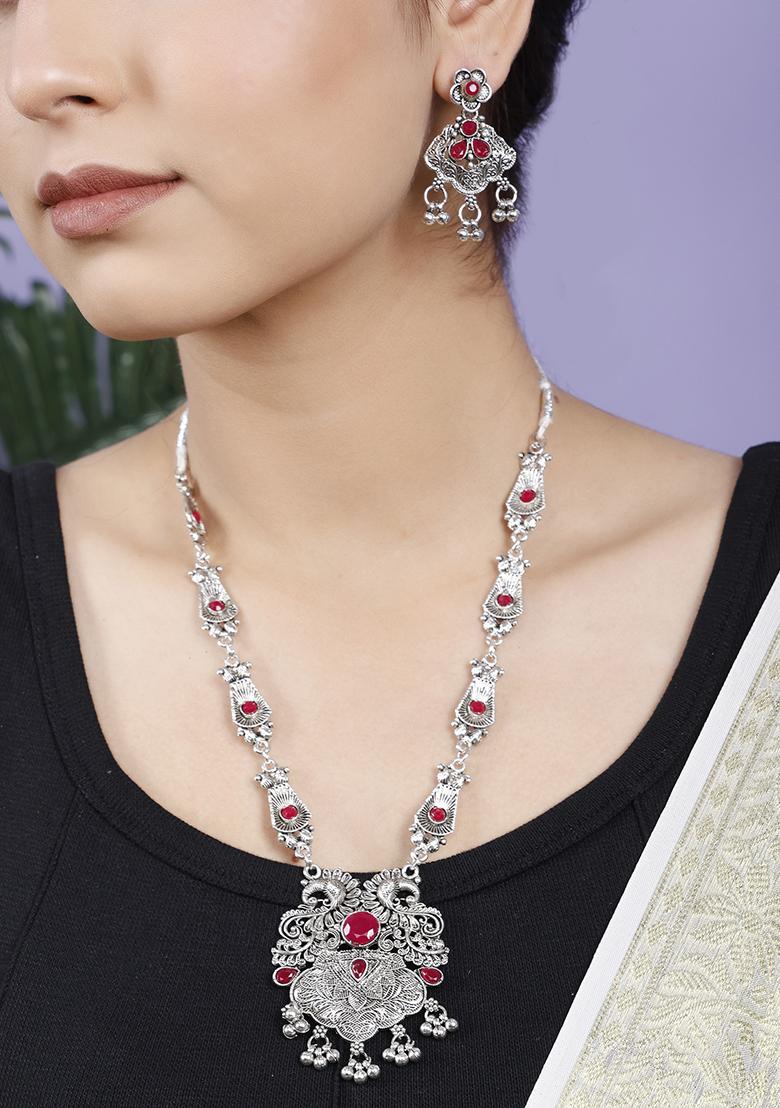 Maroon Silver Plated Alloy Necklace Set