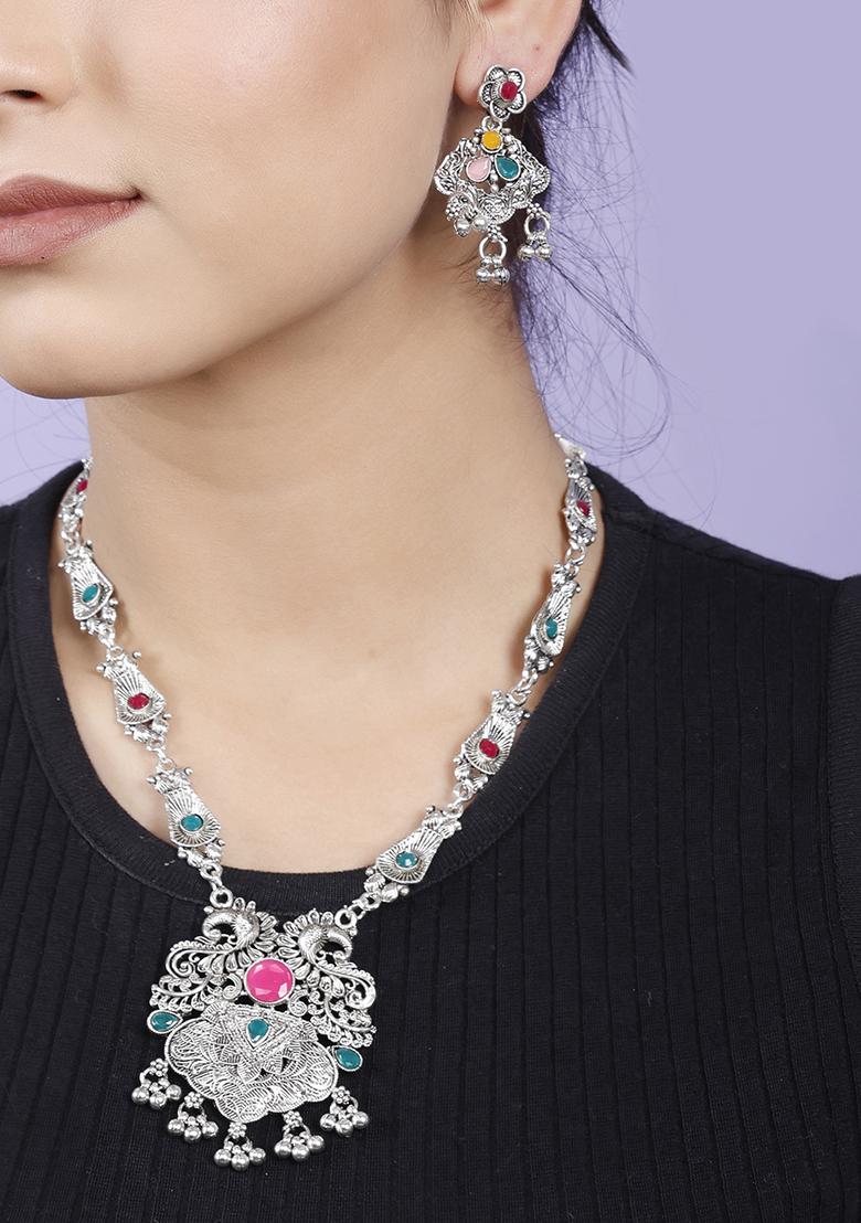 Pink And Green Silver Plated Alloy Necklace Set