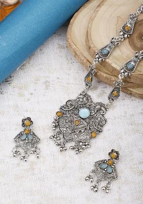 Yellow And Blue Silver Plated Alloy Necklace Set