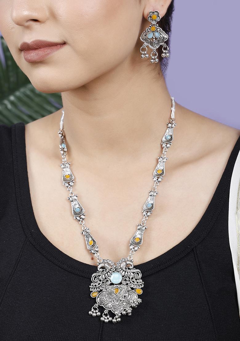 Yellow And Blue Silver Plated Alloy Necklace Set