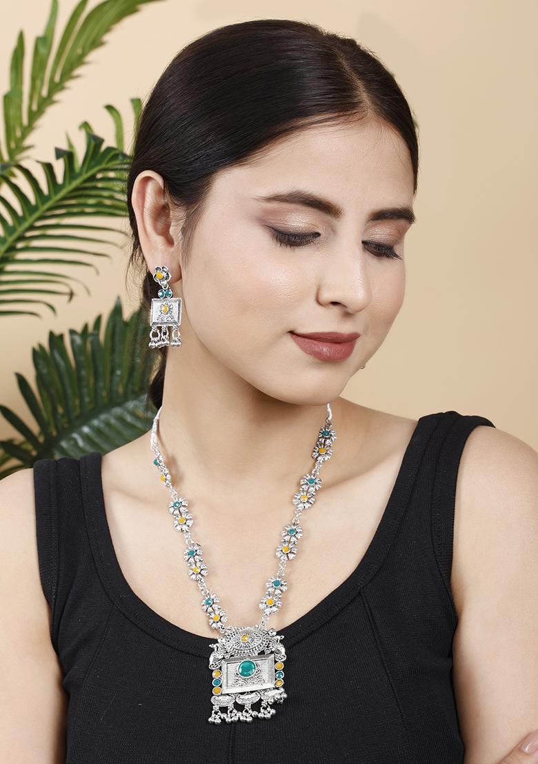 Green And Yellow Silver Plated Alloy Necklace Set