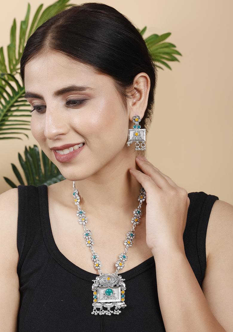 Green And Yellow Silver Plated Alloy Necklace Set