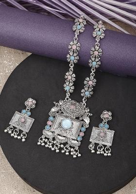 Pink And Blue Silver Plated Alloy Necklace Set