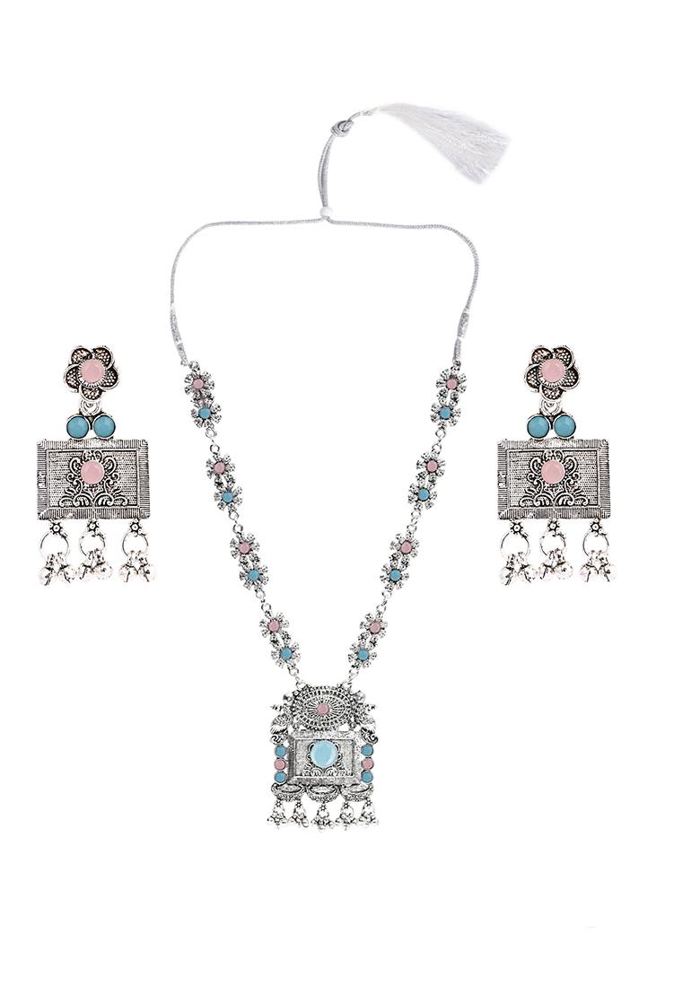 Pink And Blue Silver Plated Alloy Necklace Set