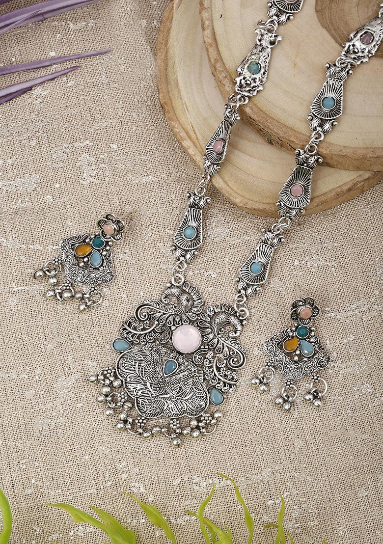Pink And Blue Silver Plated Alloy Necklace Set