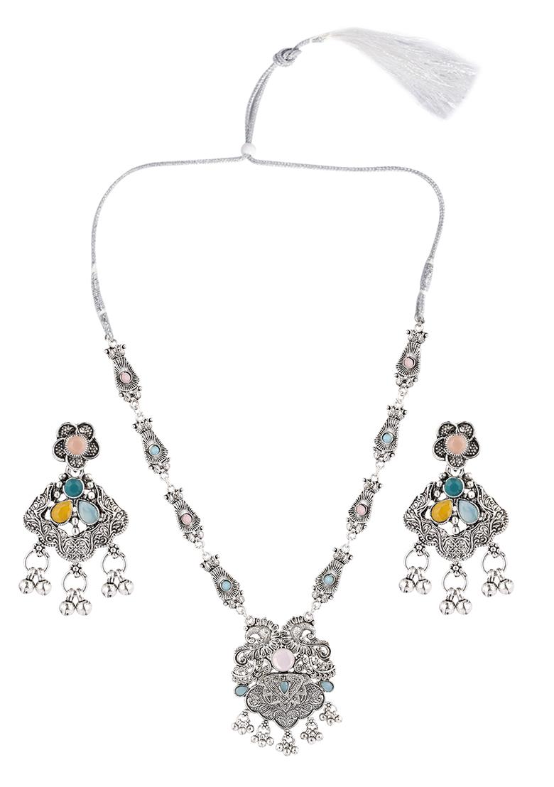 Pink And Blue Silver Plated Alloy Necklace Set