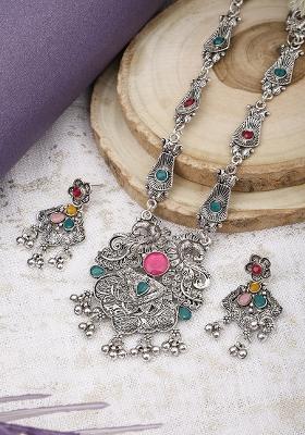 Pink And Green Silver Plated Alloy Necklace Set