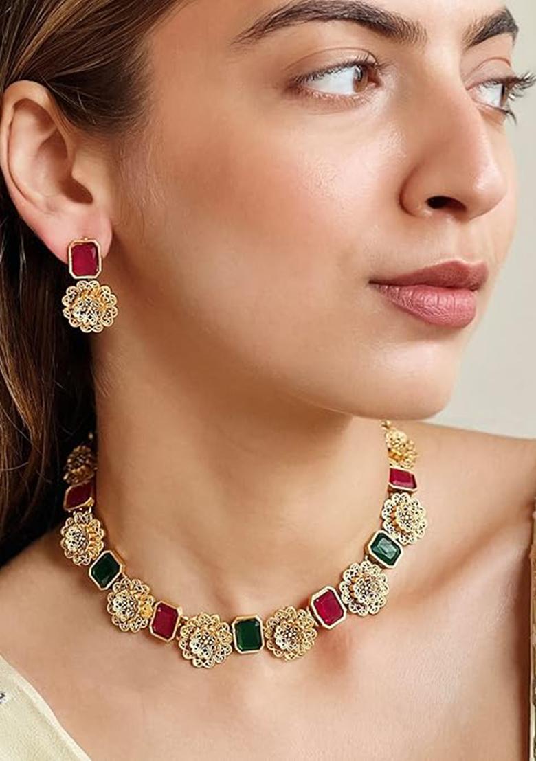 Pink And Green Gold Plated Alloy Necklace Set