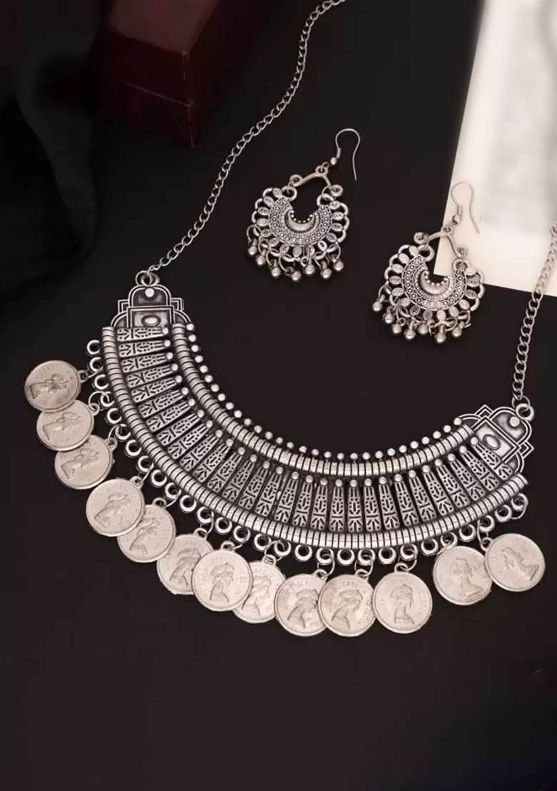 Silver Oxidised Alloy Necklace Set - Indya