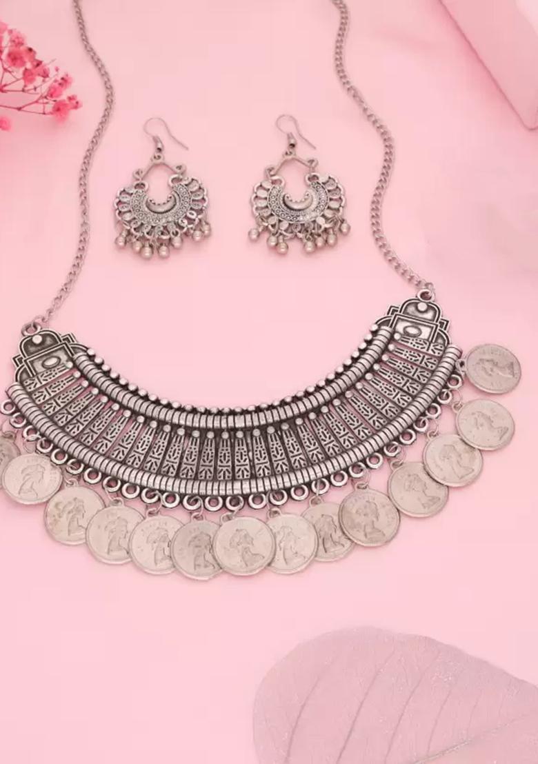 Silver Oxidised Alloy Necklace Set