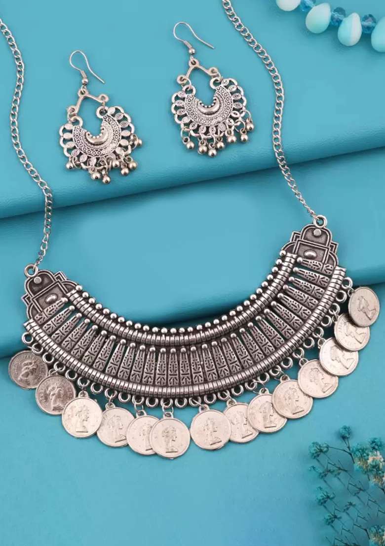 Silver Oxidised Alloy Necklace Set - Indya