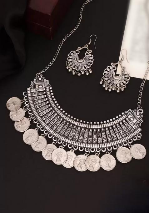 Silver Oxidised Alloy Necklace Set