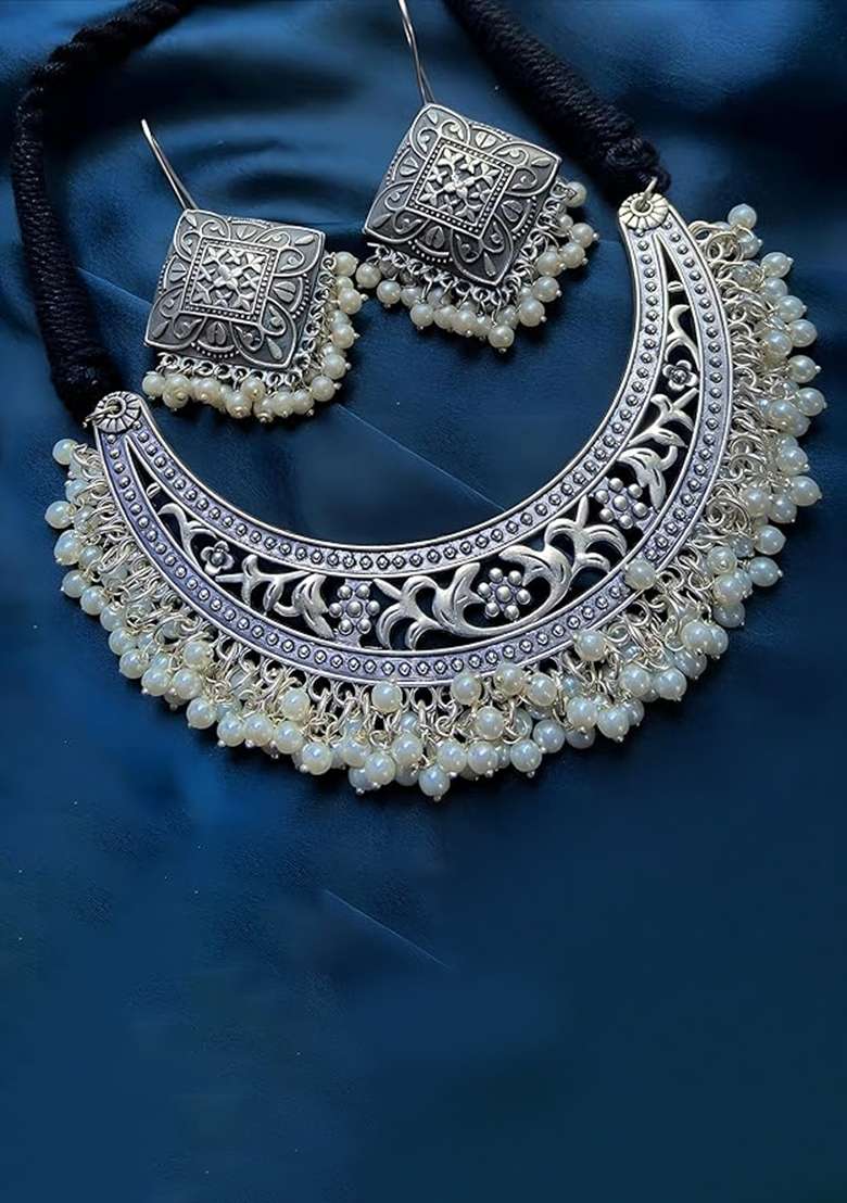 Silver Oxidised Alloy Necklace Set - Indya