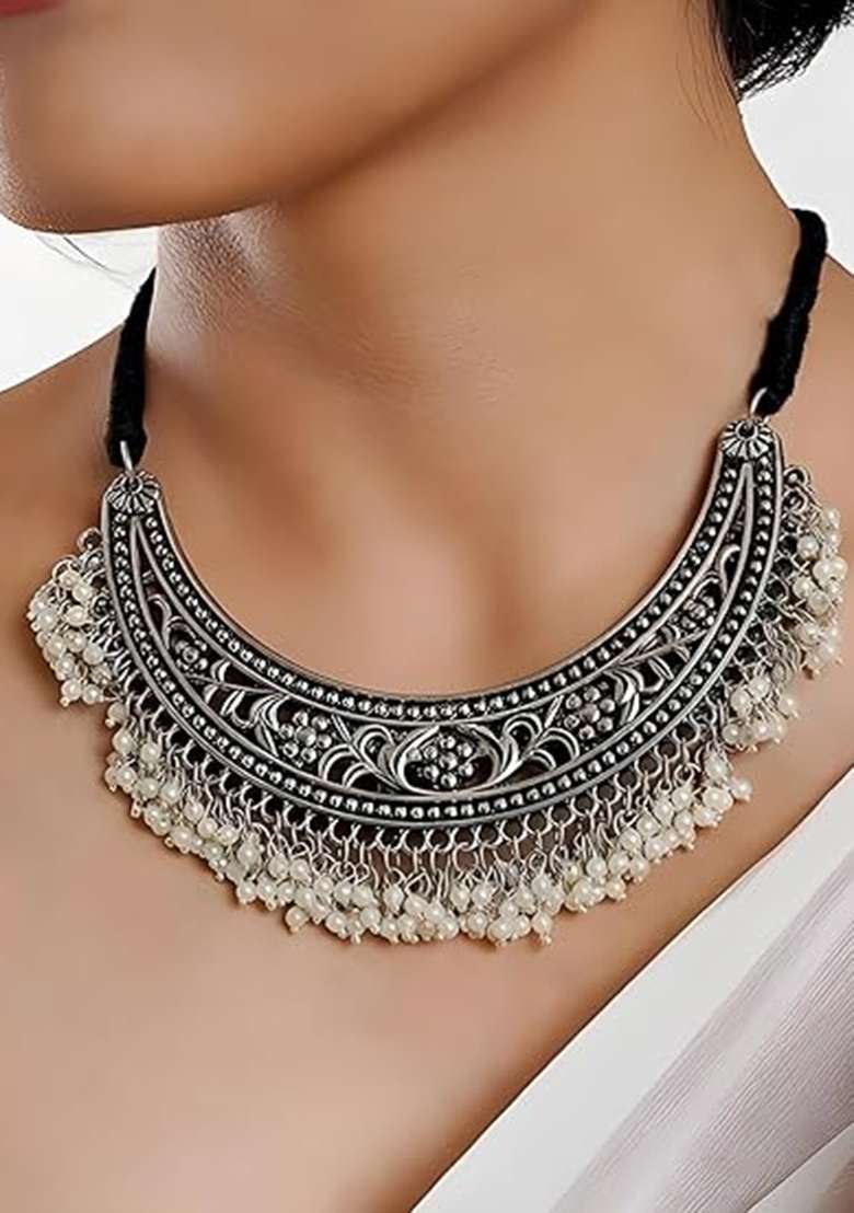 Silver Oxidised Alloy Necklace Set - Indya
