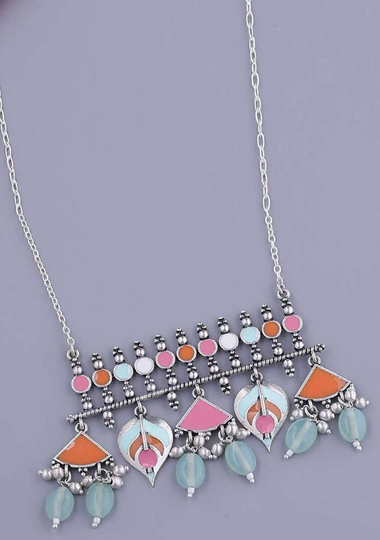 Silver Oxidised Alloy Necklace Set - Indya