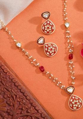 22Kt Gold Plated Red Jadau Kundan Pearl Chain Necklace Set