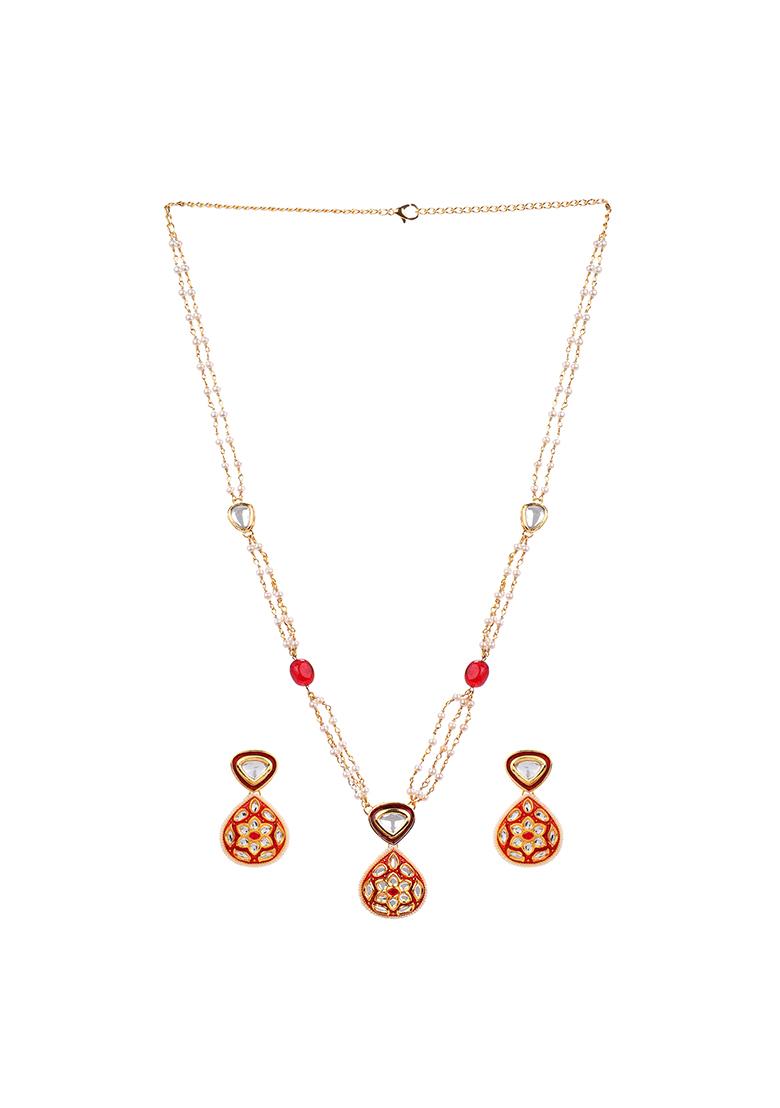 22Kt Gold Plated Red Jadau Kundan Pearl Chain Necklace Set