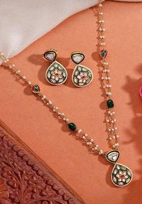 22Kt Gold Plated Green Jadau Kundan Pearl Chain Necklace Set